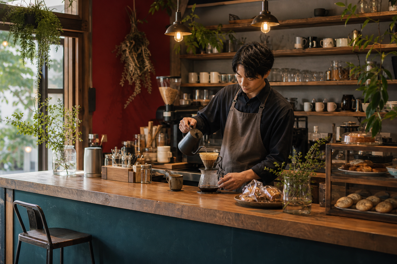 木のカウンターでバリスタがコーヒーを淹れている様子