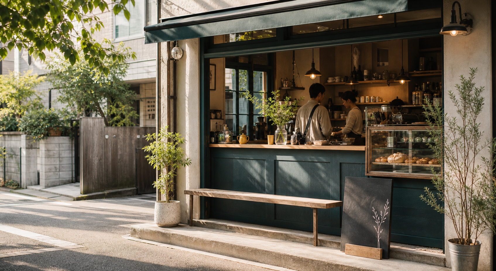 路地に面した小さなカフェの外観とカウンター