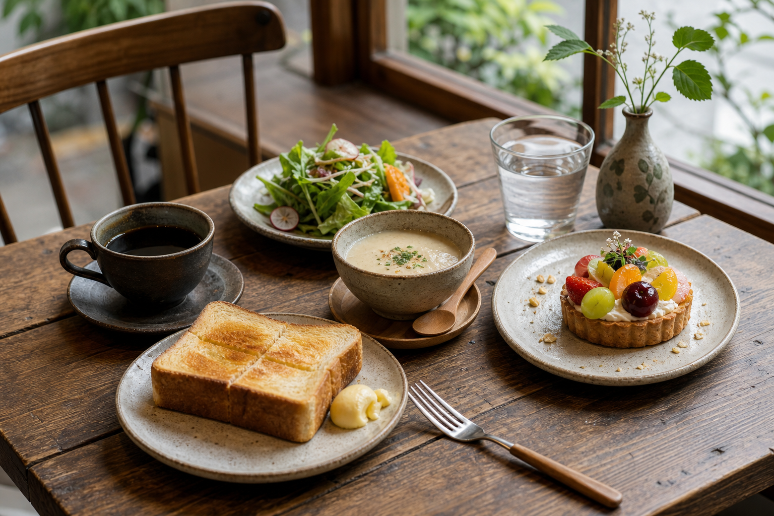 コーヒー、トースト、スープ、タルトが並ぶカフェメニュー