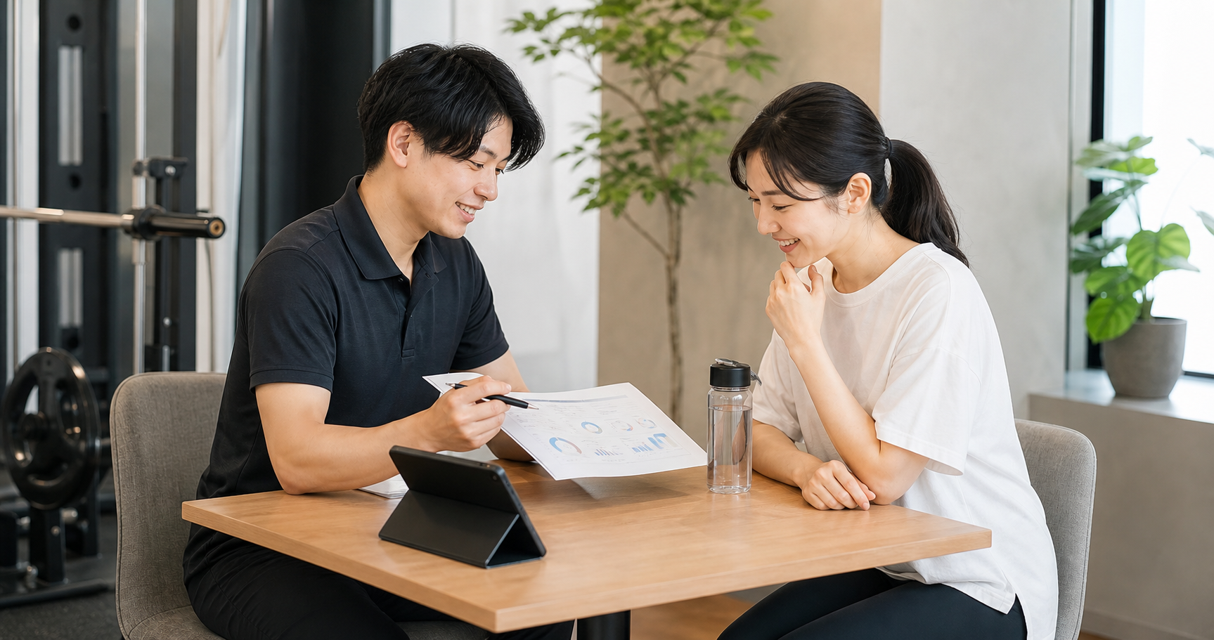 トレーナーと利用者が目標や身体の状態を相談している様子
